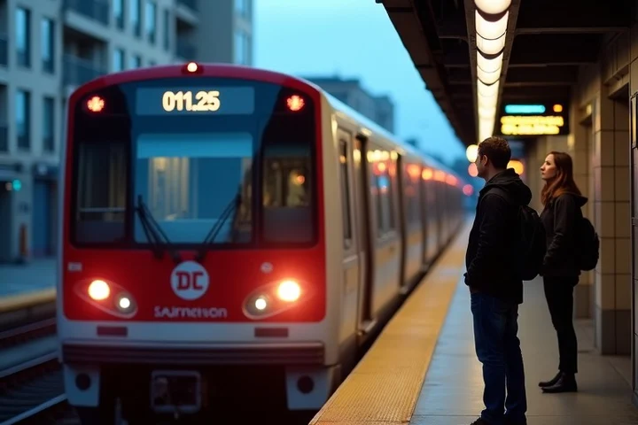 A Los Angeles Metro train arrives at a neighborhood station as two working-age adults wait along the platform