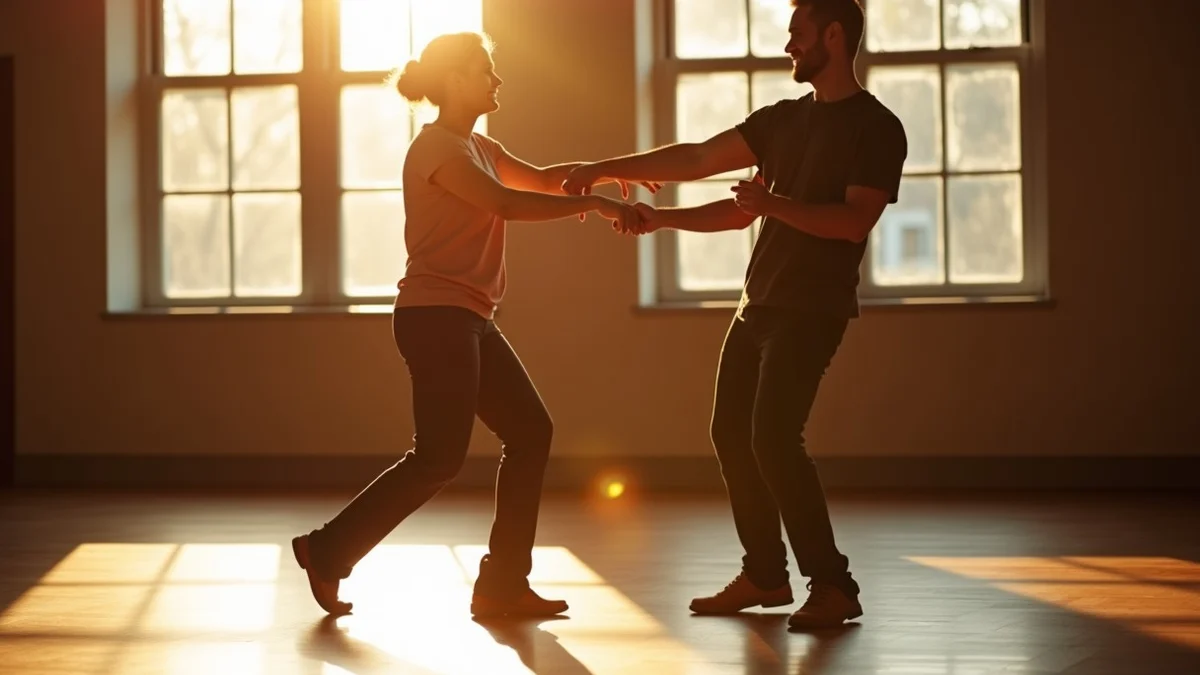 Two adults practice a beginner partner-dance sequence in a recurring community class inside a bright Midtown Sacramento arts hall