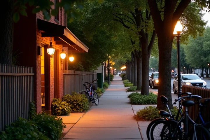A tree-lined Midtown Sacramento sidewalk leads toward a warmly lit neighborhood community hall at the start of a recurring evening gathering