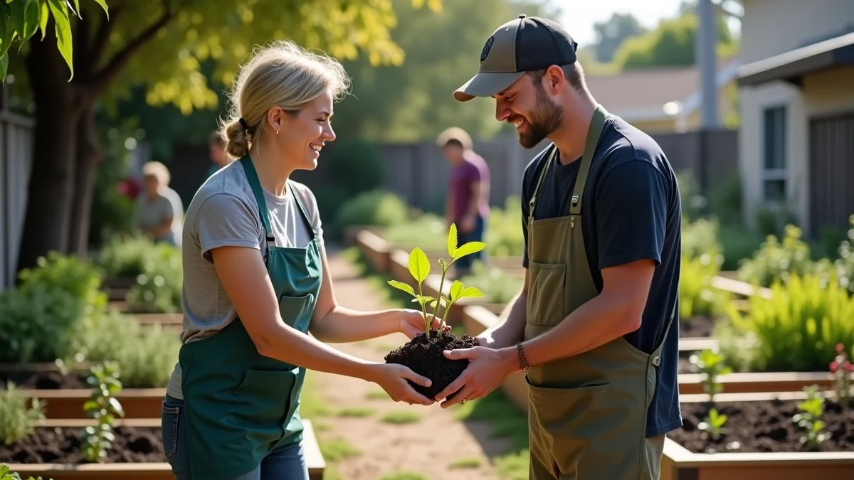 Two regulars exchange a seedling during a recurring community garden work session in a California neighborhood, surrounded by raised beds, hand tools