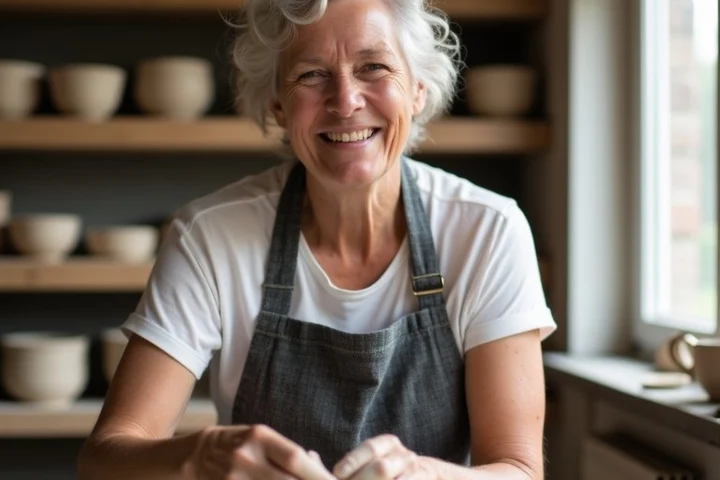 A relaxed middle-aged adult shapes clay at a community pottery studio after a weekly class, offering a natural portrait without any device
