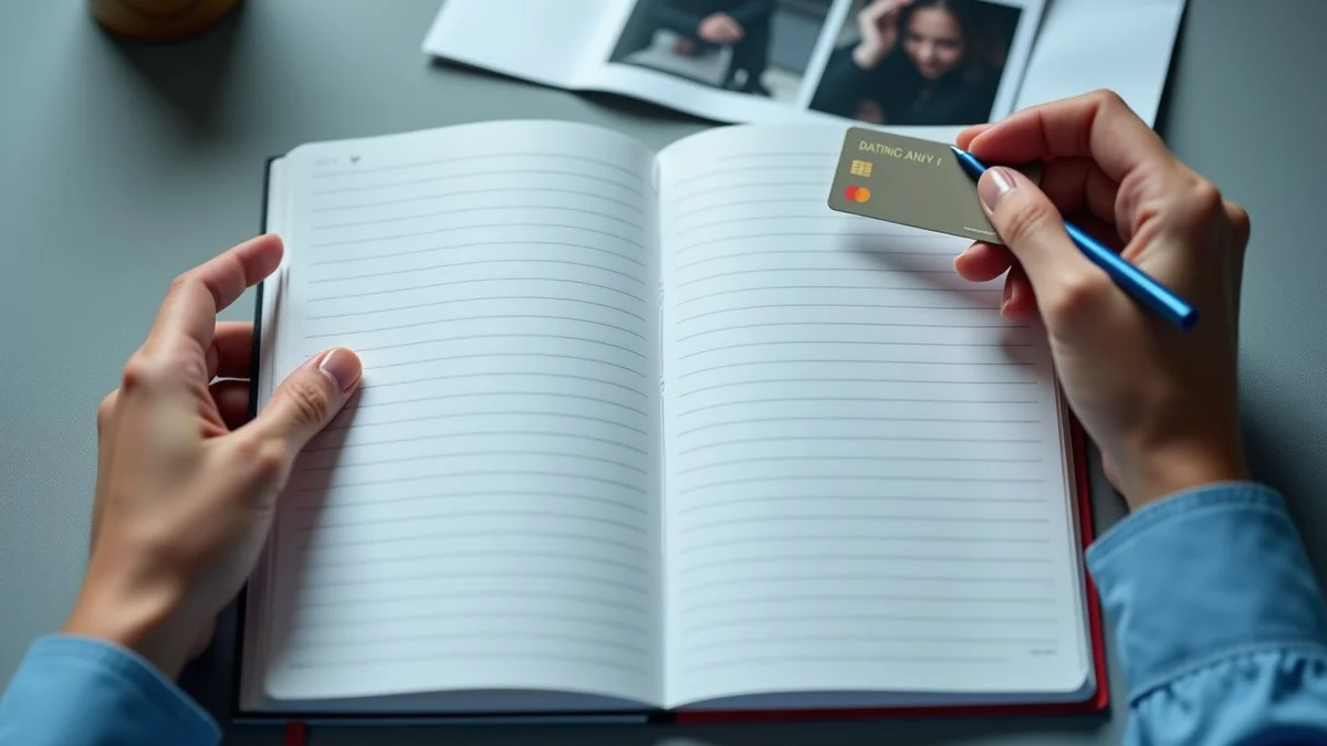 Hands sort a dating-scam evidence still life on a home desk: a blank lined notebook with only abstract marks, a sealed envelope