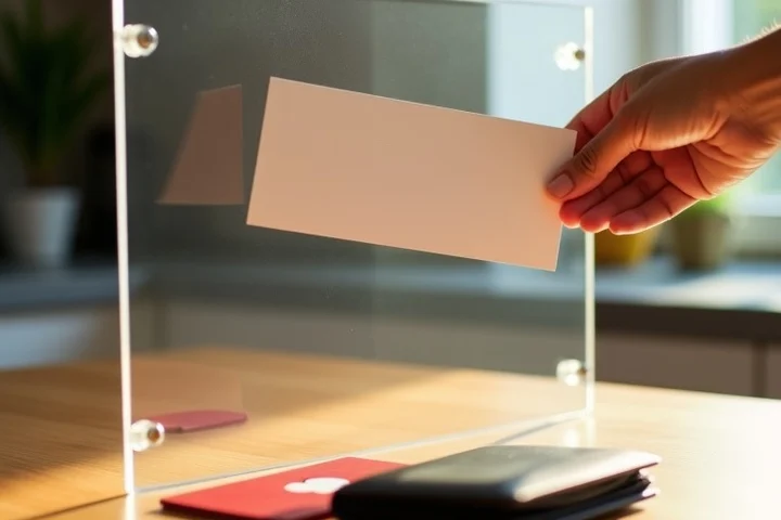 An open hand blocks a payment envelope from crossing a clear acrylic barrier, while a closed wallet and unused gift card remain safely behind it