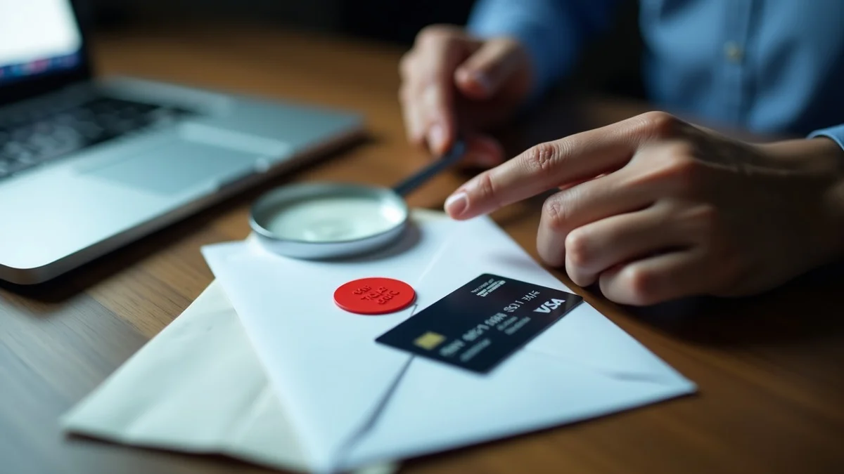 A hand places a red stop token beside a sealed envelope, an unmarked bank card, and a magnifying glass on a home office desk