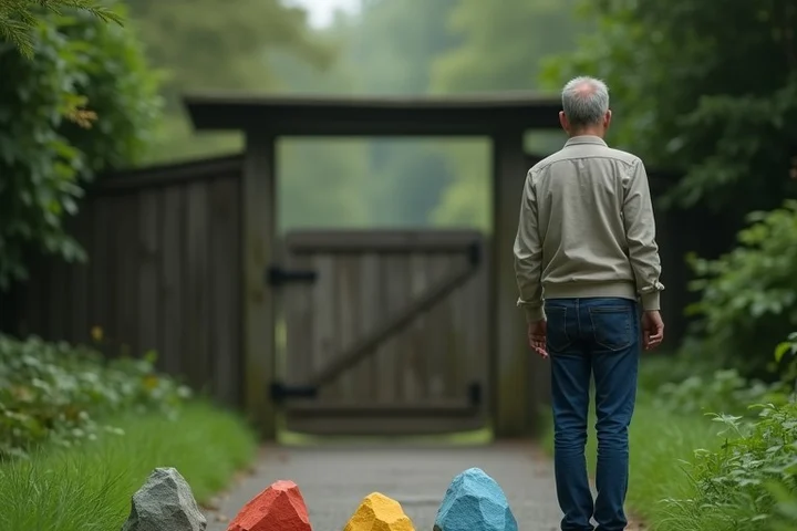 A cautious adult pauses beside three separate colored stones and a closed gate