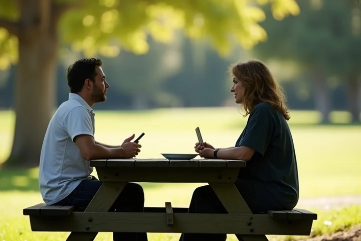 A stalled conversation between two adults unfolds at a shaded community-garden picnic table in California