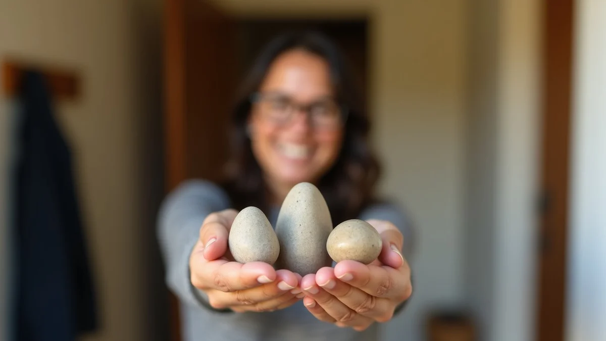 An adult Californian in their 40s holds three smooth stones at chest height, comparing practical choices without a visible device