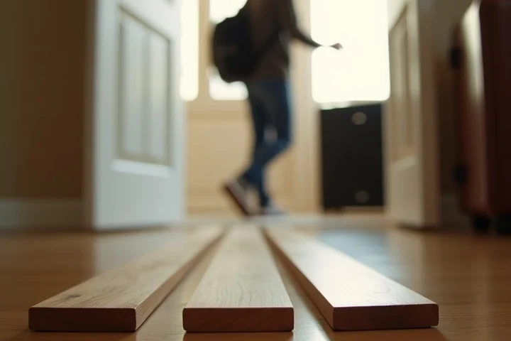 An adult traveler pauses beside an open doorway while aligning one small brass slider on a row of three blank wooden tracks