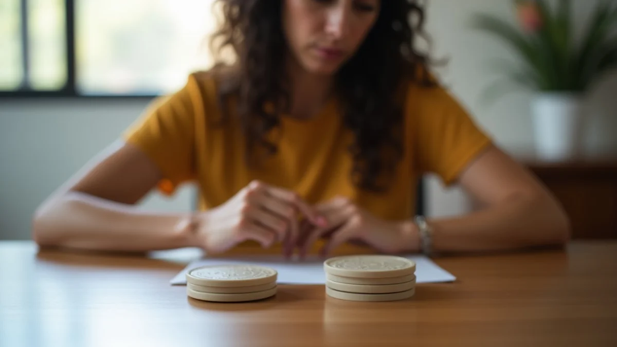 A California adult in their late 30s pauses over two plain ceramic tokens on a dining table