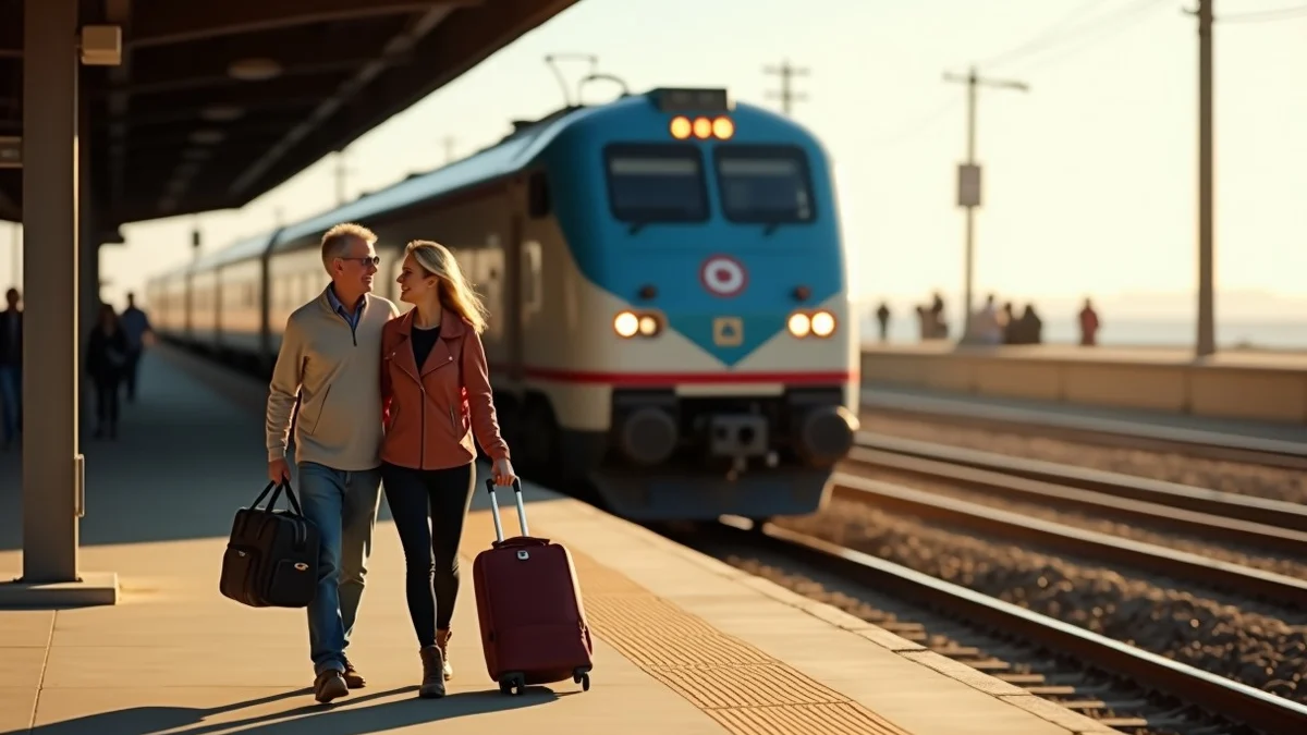 Two adults reunite beside overnight bags at a Southern California coastal rail station