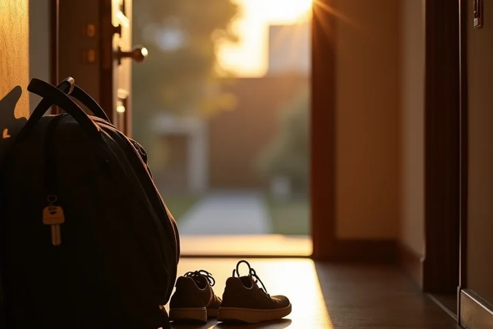 An overnight bag, worn walking shoes, car keys, and a folded jacket line up beside the front door of a California apartment before dawn