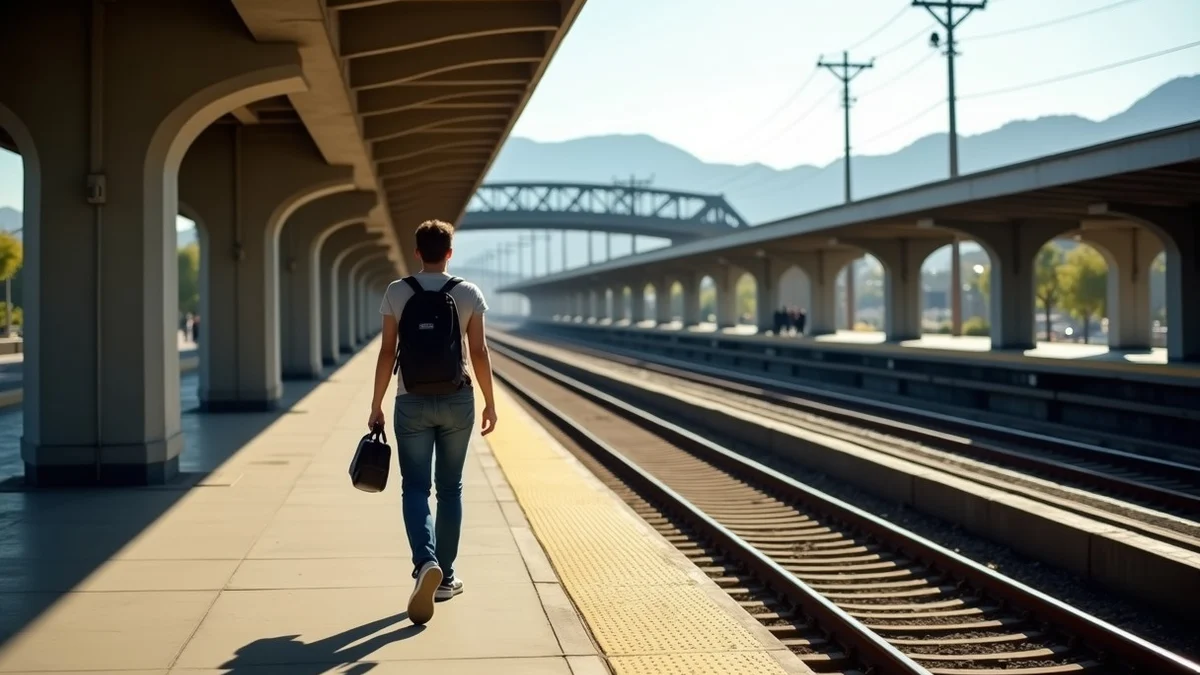 A single adult commuter walks along a Los Angeles Metro platform toward a connected rail line
