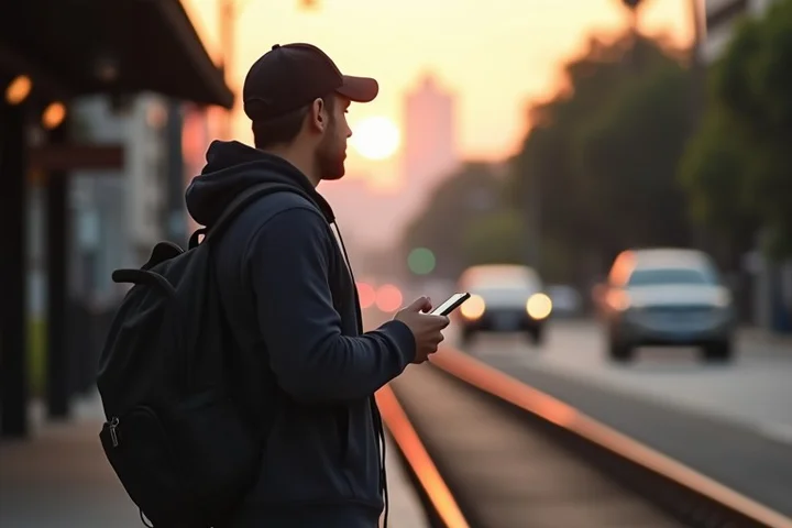 A California adult pauses at a Los Angeles neighborhood transit connection where a rail platform, pedestrian path, and distant city streets converge