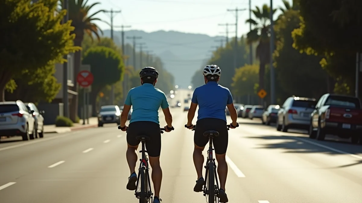Two adult cyclists pause at a calm Los Angeles neighborhood intersection where a residential route meets a greenway, with low hills