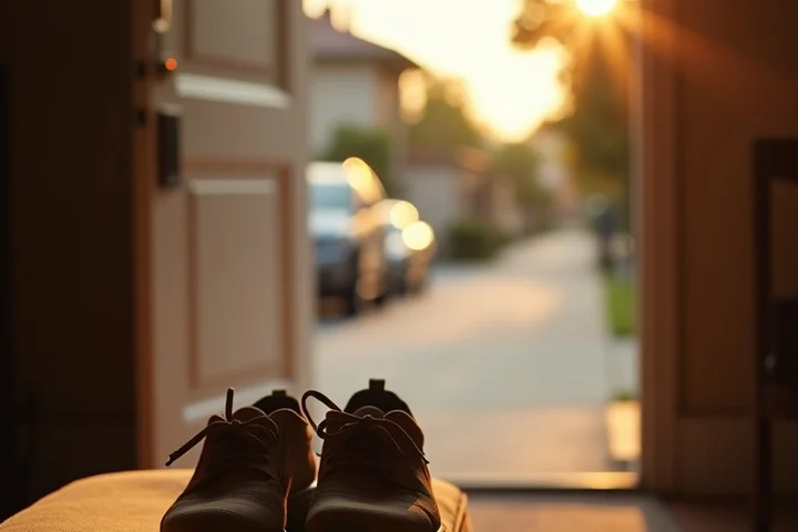 A middle-aged Los Angeles resident places worn walking shoes and car keys on an entry bench after returning from a neighborhood class