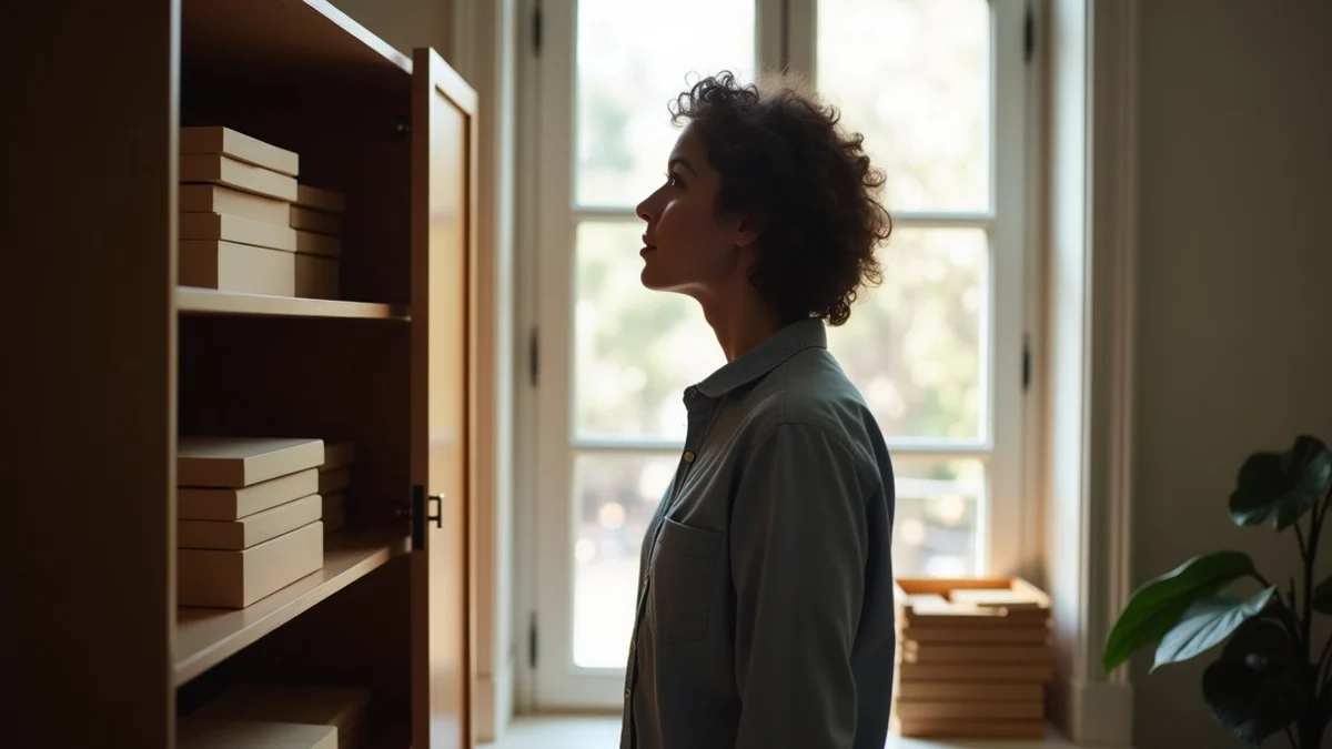 A California adult pauses between an open cabinet of blank sorted folders and a separate tray of interlocking wooden pieces in a quiet home study