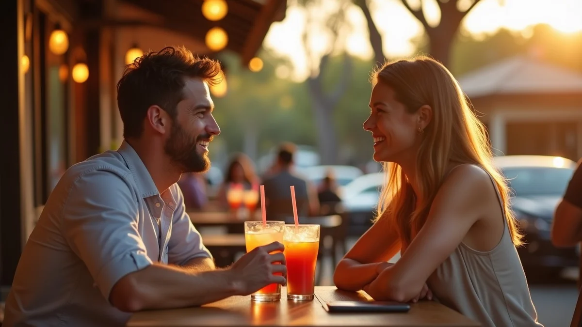 Two adults greet each other for a brief first date at an outdoor California food hall