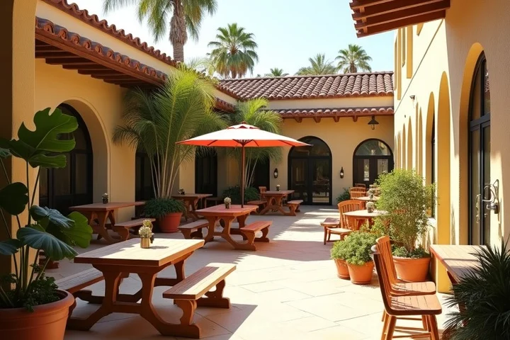 Three distinct gathering areas branch from a sunlit California community venue: a lively open patio, a quiet two-seat dinner corner