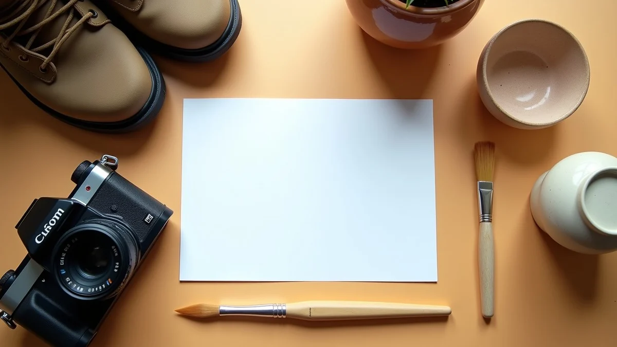 A carefully arranged writing desk presents a blank card beside a camera, hiking boots, a small paintbrush, and a handmade ceramic object