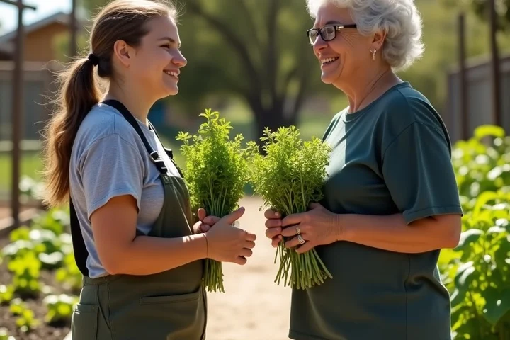 Two adults exchange stories beside raised garden beds in a sunny Los Angeles community garden