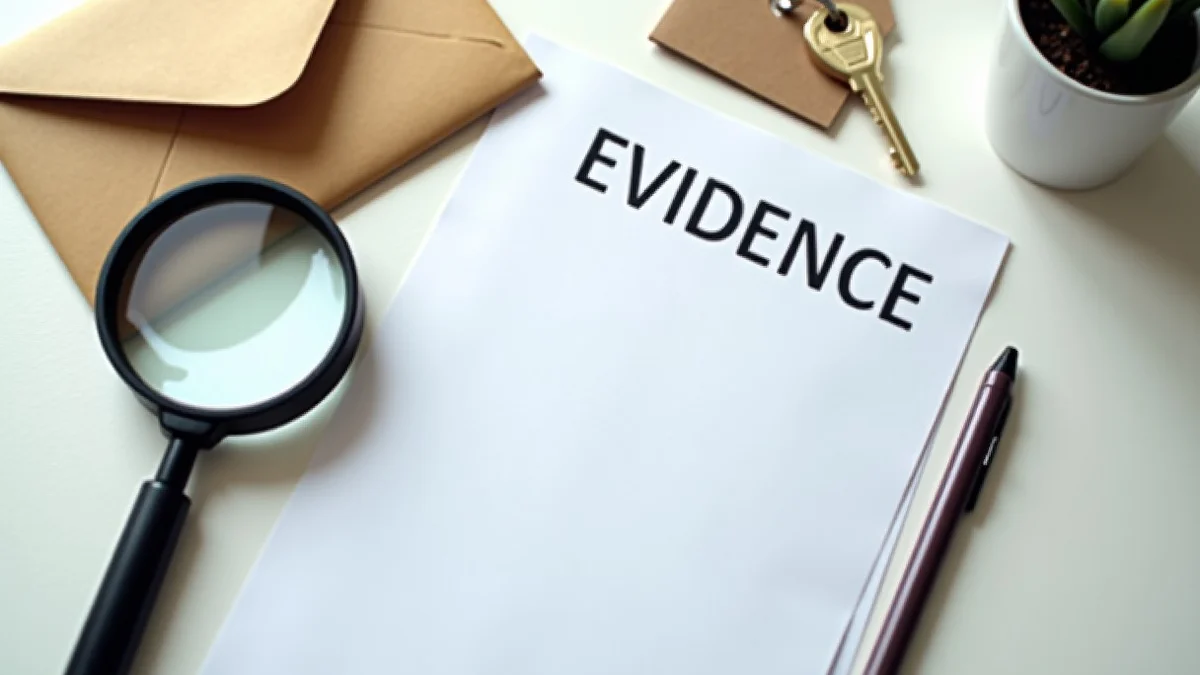 A magnifying glass rests over a blank evidence sheet beside a sealed envelope, house key, and protective boundary line on a neat desk