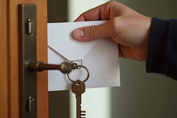 A hand firmly keeps a sealed envelope and spare house key behind a small wooden boundary rail