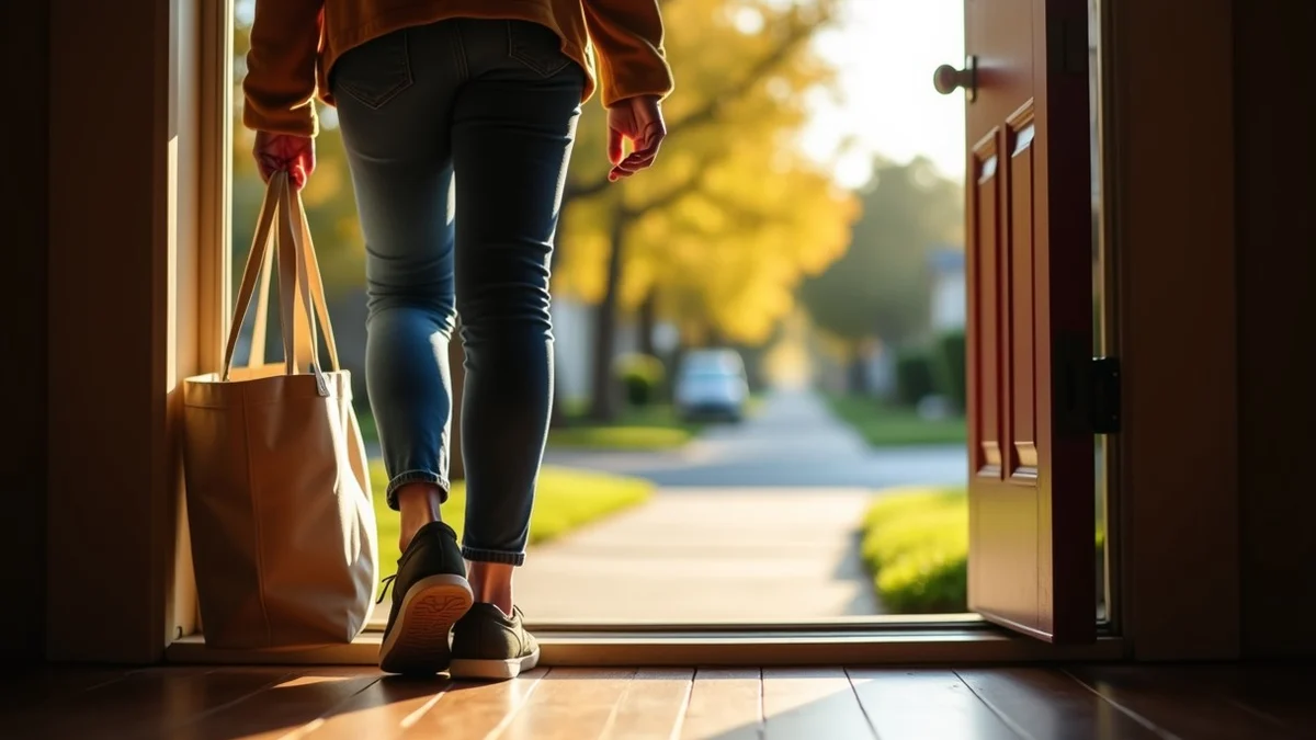 A Sacramento resident places walking shoes beside a packed reusable tote at a tree-lined home doorway