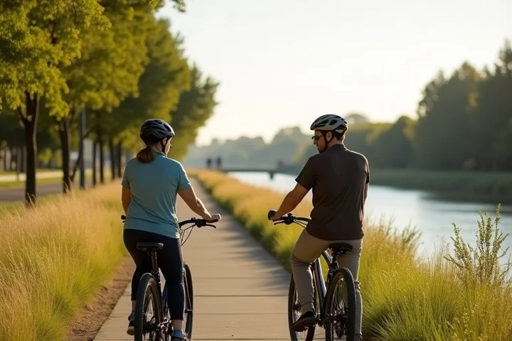 Two adults pause with bicycles beside Sacramento’s American River Parkway, discussing whether a shared route fits their ordinary week