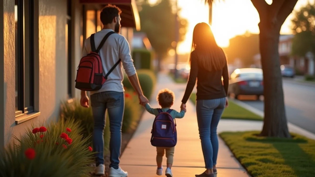 A single California parent hands a child’s small backpack to a childcare provider outside a neighborhood childcare center in Los Angeles County