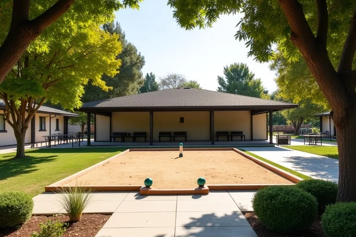 A shaded bocce court beside an open pavilion forms an activity-based event setting at a Sacramento community venue, with benches, low greenery