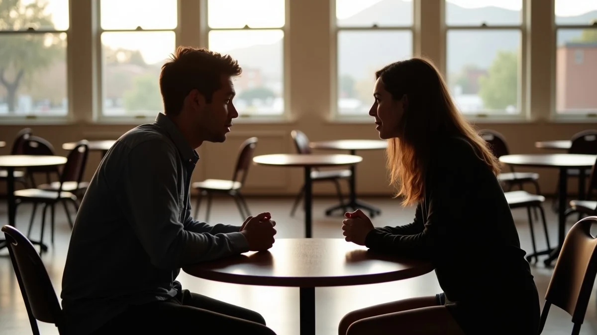 Two adults share a brief conversation across a small round table during an organized speed-dating evening in a bright Los Angeles community arts hall