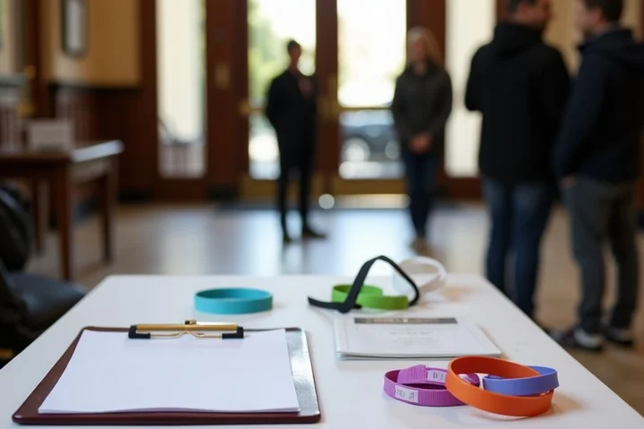 An event check-in table stands ready in the lobby of an Oakland cultural center, arranged with blank wristbands, colored admission tokens
