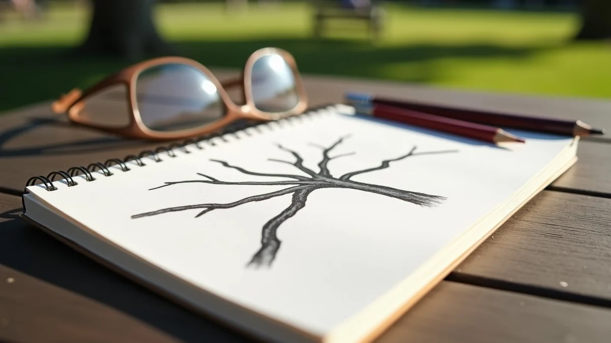 An open sketchbook displays three abstract branching lines on a shaded park picnic table