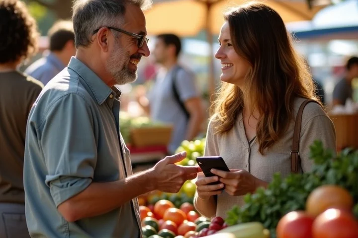 Two adults share an easy conversation while choosing food at a lively neighborhood farmers market
